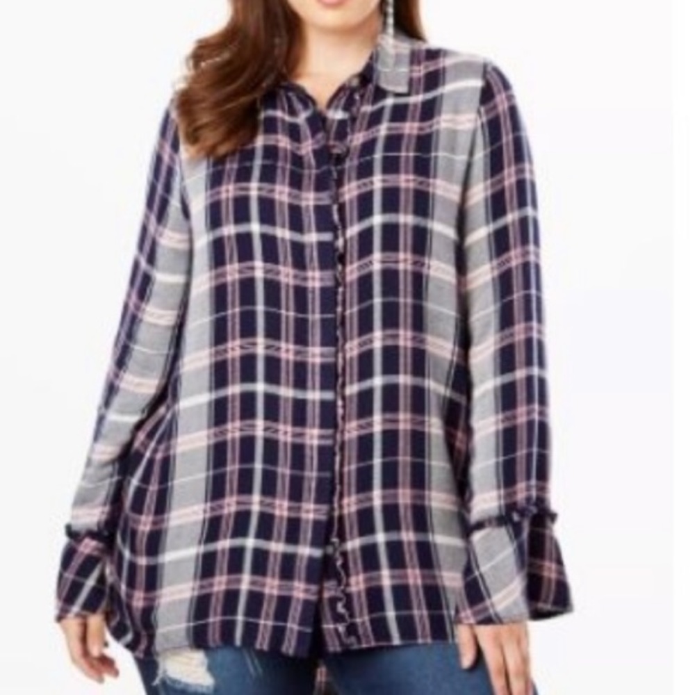 NWT 18W Plaid ruffle tunic long sleeve